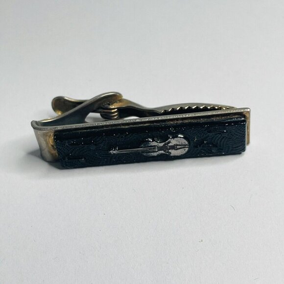 Vintage Tie Clip Bar - Silver Violin & Music Notes on Black Musician Theme (V6) - Picture 1 of 5